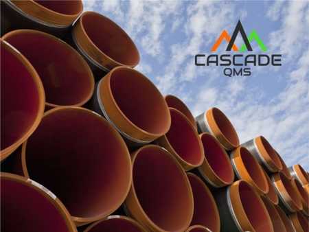 Stack of oil & gas pipes with Cascade QMS logo.