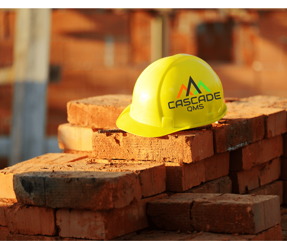 Construction Helmet with Cascade QMS logo on bricks