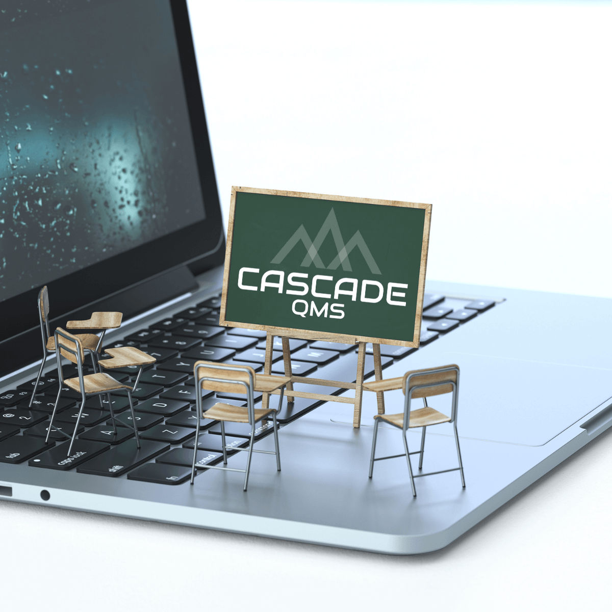 Classroom on laptop with Cascade QMS logo