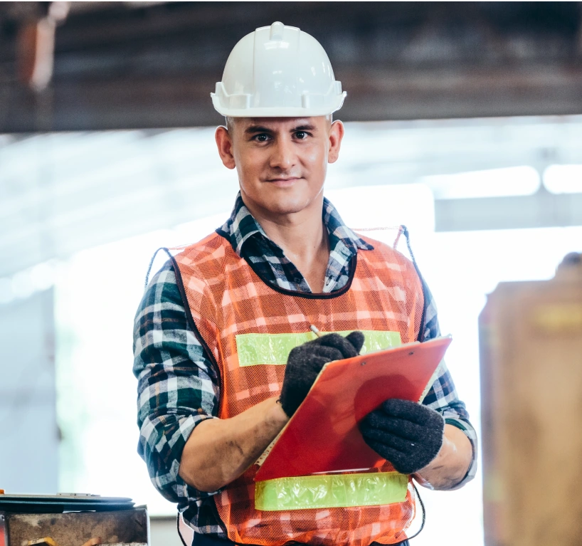 Man wearing hard hard holding clipboard and pencil