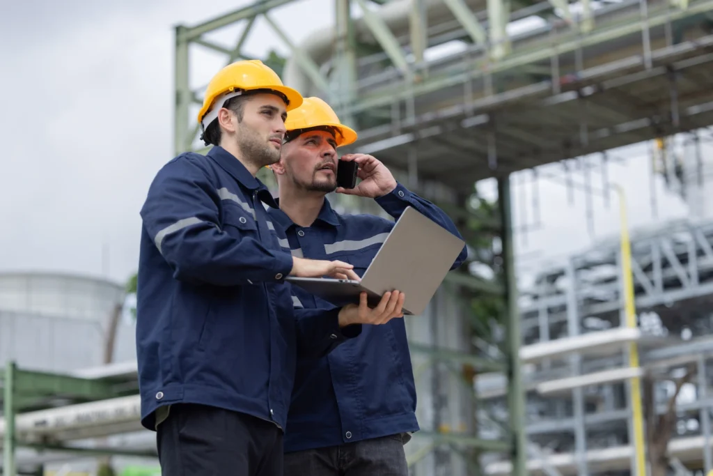 Two oil and gas contractors, one is holding a laptop and one is one his cell phone.