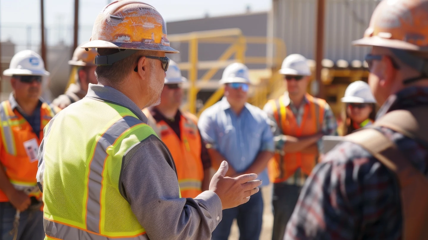 Group of construction workers gathering on-site for a safety meeting.