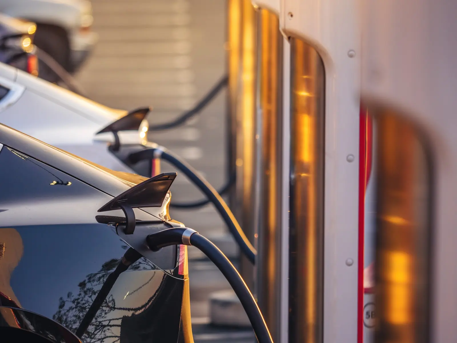 Electric cars charging at EV charging station at sunset.