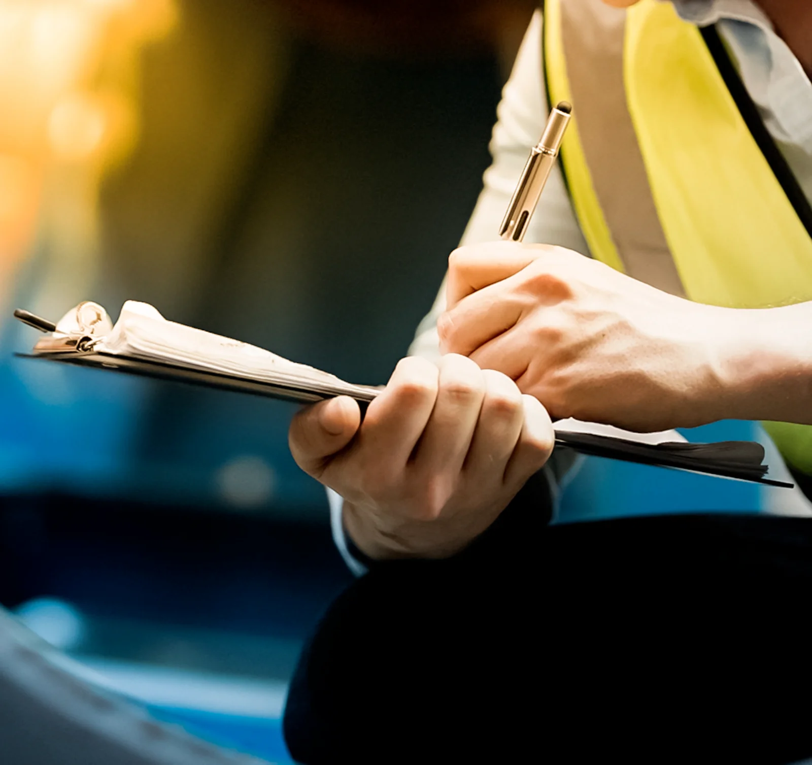 Person using pen to write on papers in a clipboard obtaining GRMS compliance.