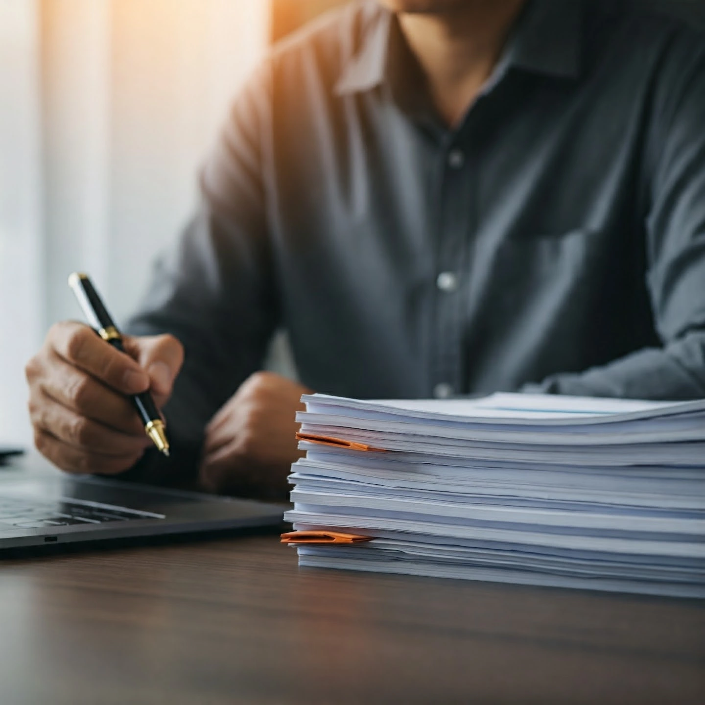 Person holding pen with stack of papers on the left side and laptop on right side.