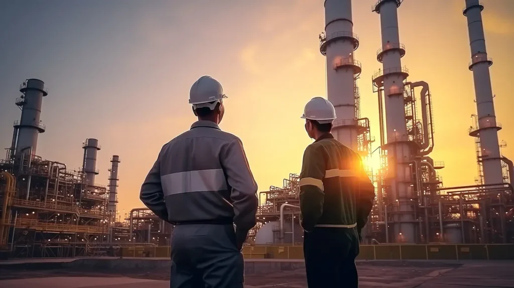 Two engineers on property of an oil and gas refinery plant.