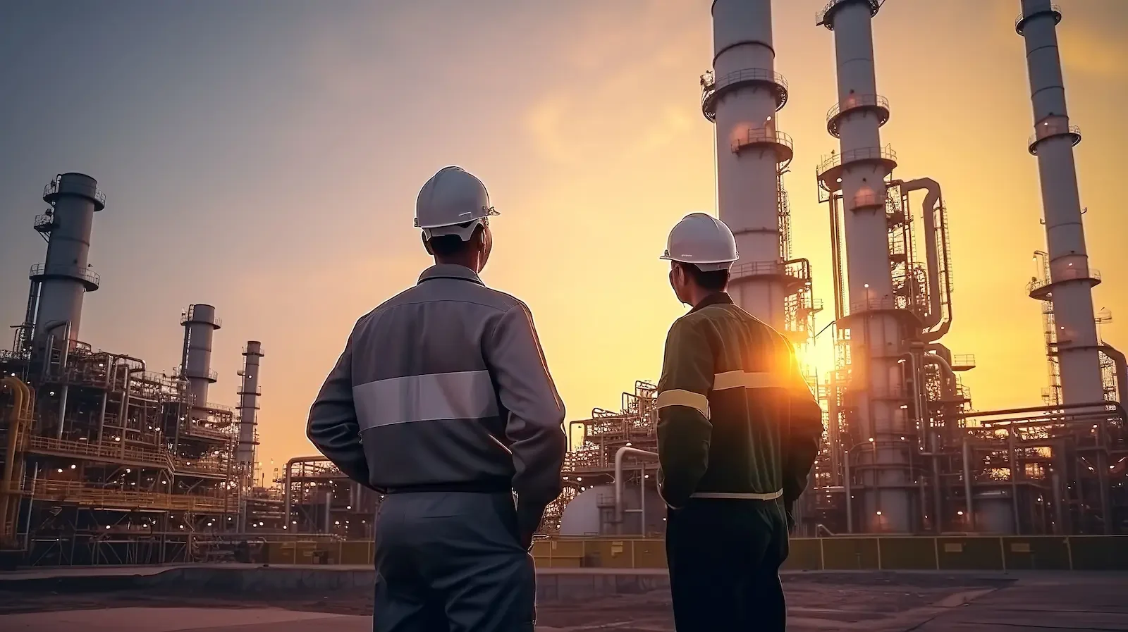 Two engineers on property of an oil and gas refinery plant.
