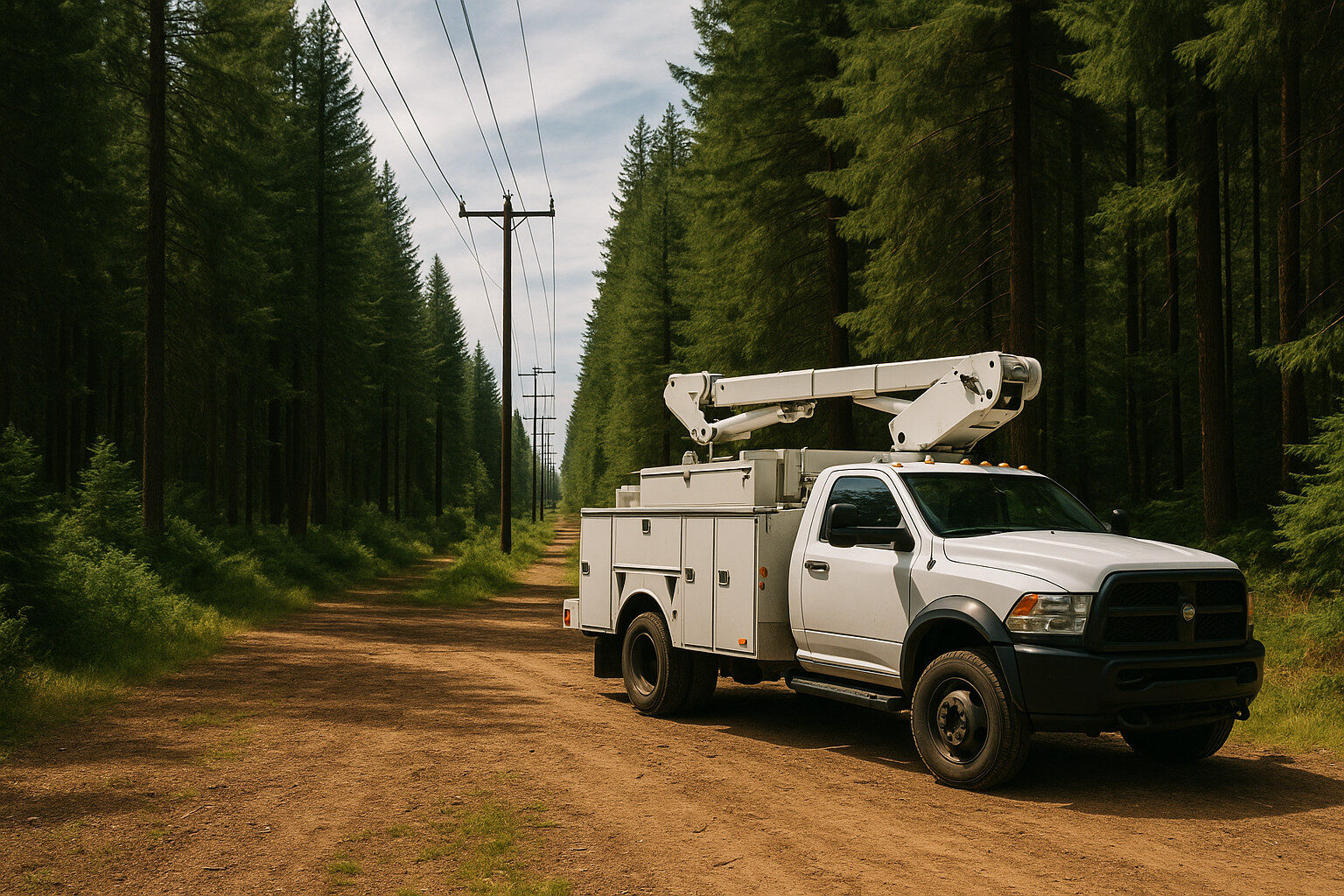 Utility truck parked power line in the forrest in Oregon