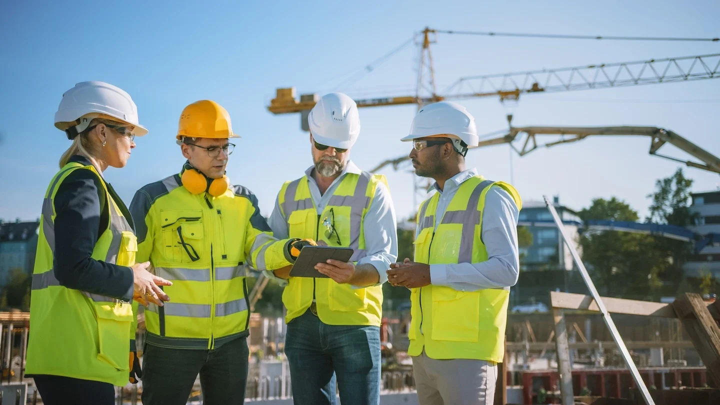 Group of construction site contractors completing safety meeting.