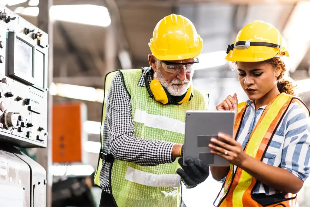 Two employees on manufacturing site running through pre-shift safety checks.