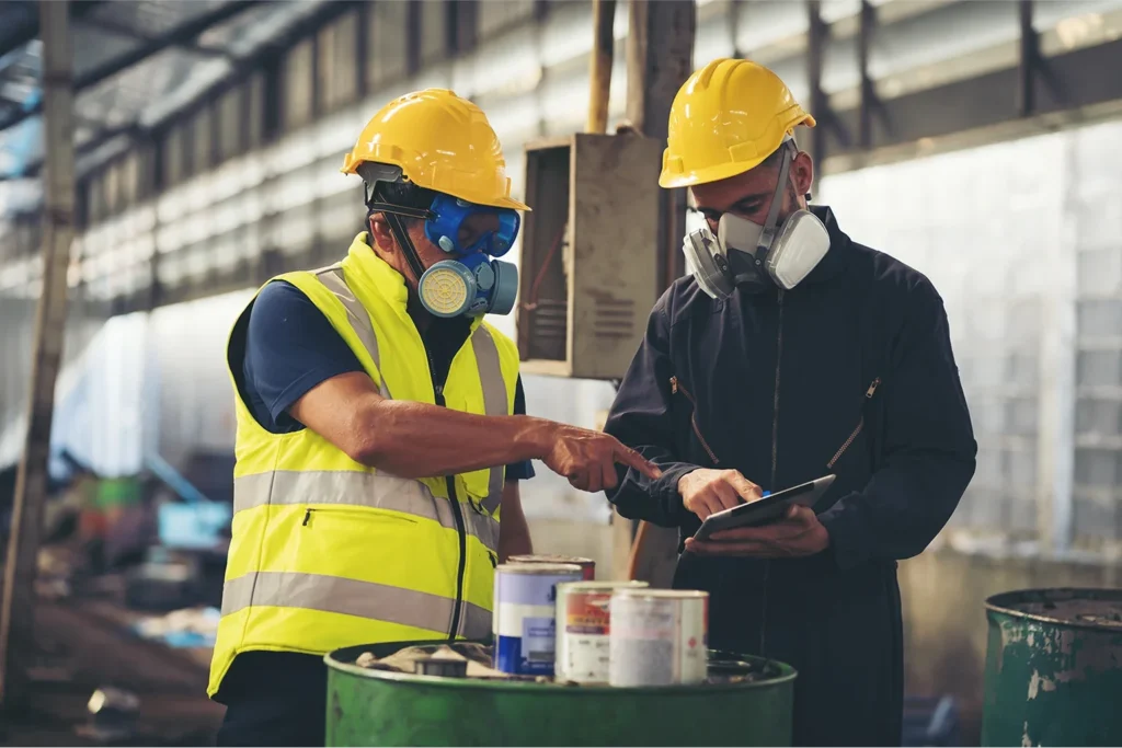 Two employees in an industrial building testing chemicals for safety standards.