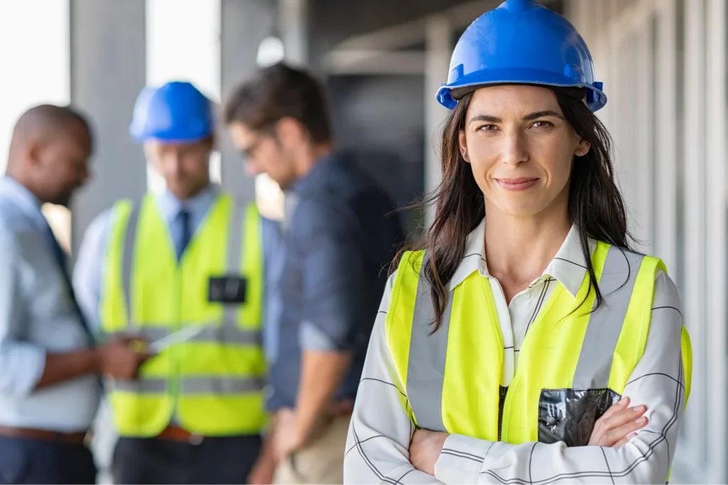Construction site manager looks ahead in foreground while three workers stand in background.