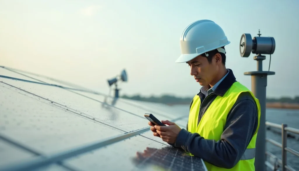 Green energy solar panel contractor performing safety checks on site.