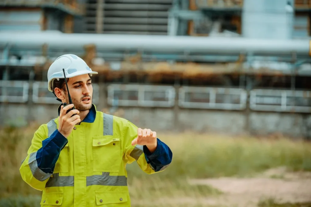 Industrial manager using walkie talkie to communicate with contractors.