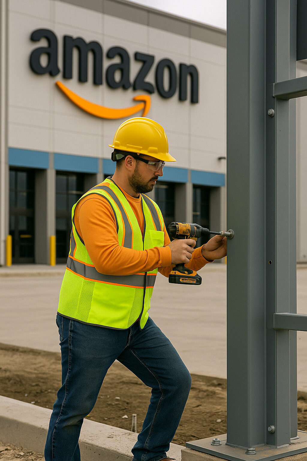 amazon contractor wearing proper ppe per avetta requirements in front of amazon facility