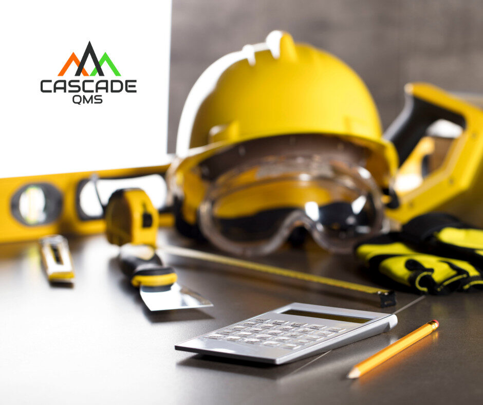 Contractor PPE Yellow hat, goggles, pencil, calculator and cascade qms logo