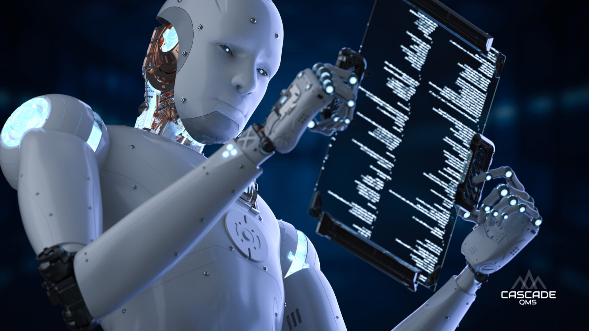 Robet holding a futuristic safety program as part of a safety manual with cascadde qms logo