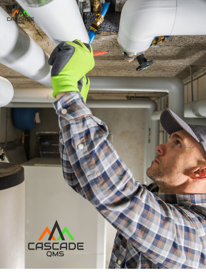a man working on a pipe with contractor compliance and cascade qms logo