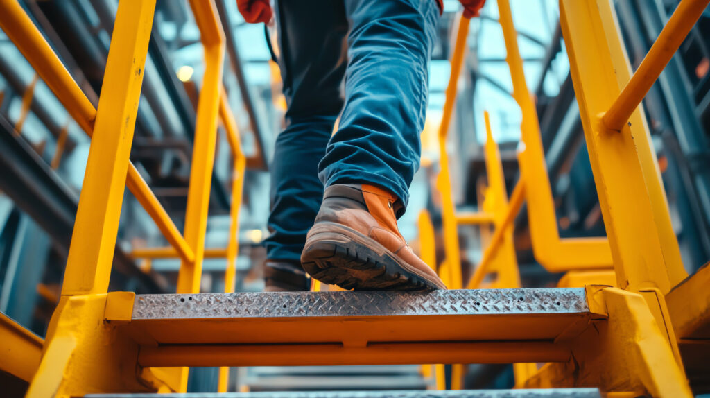 Man in work boots walking up stair case.