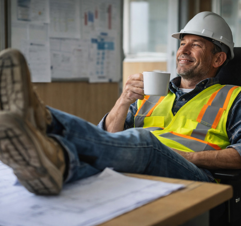 contractor with feet on table drinking coffee