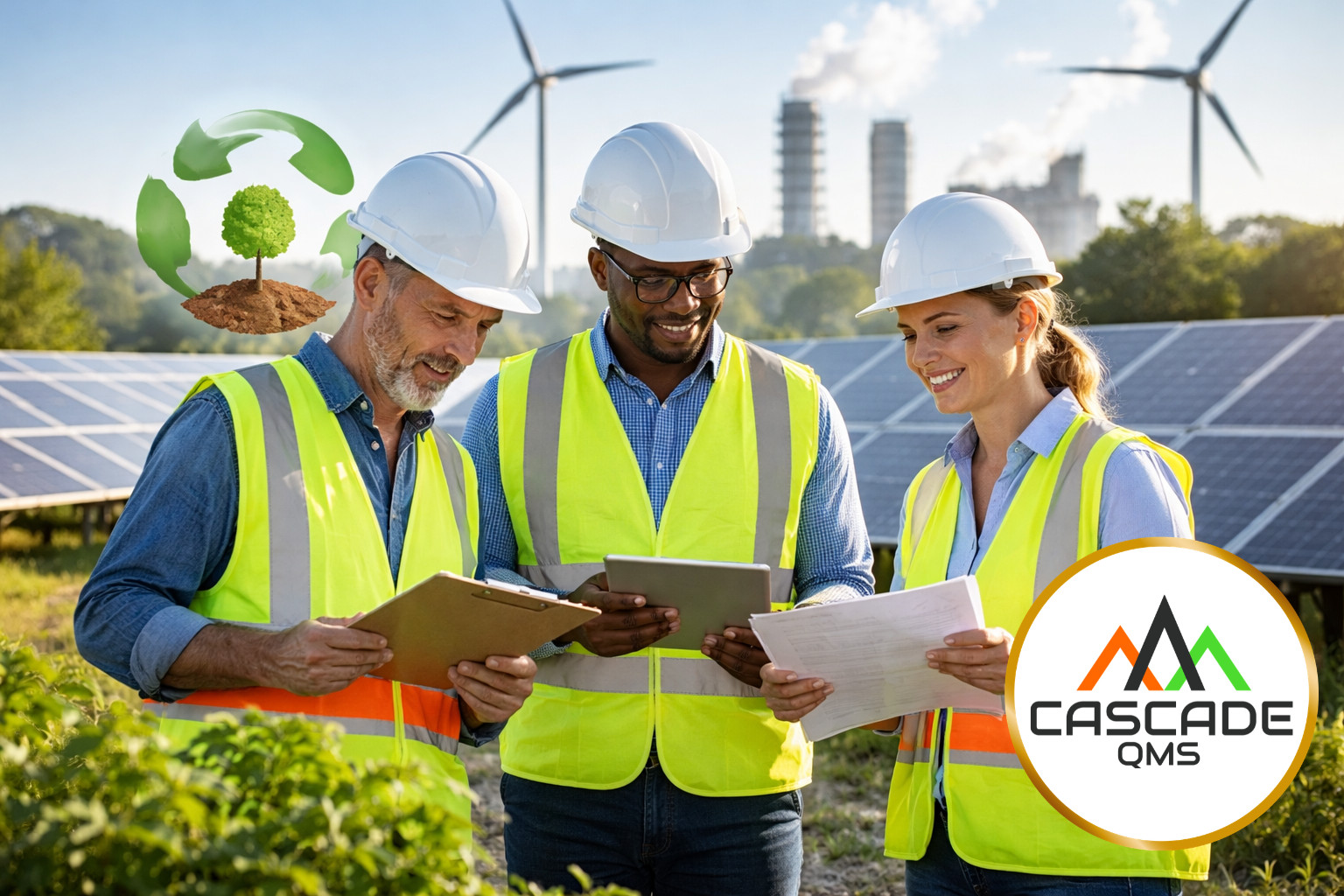 Safety Managers looking at ESG questionnaire in veriforce with cascade qms logo on pier with windmill