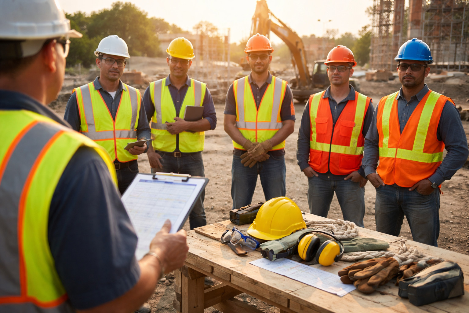 toolbox talk meeting taking place with contractors on a construction site