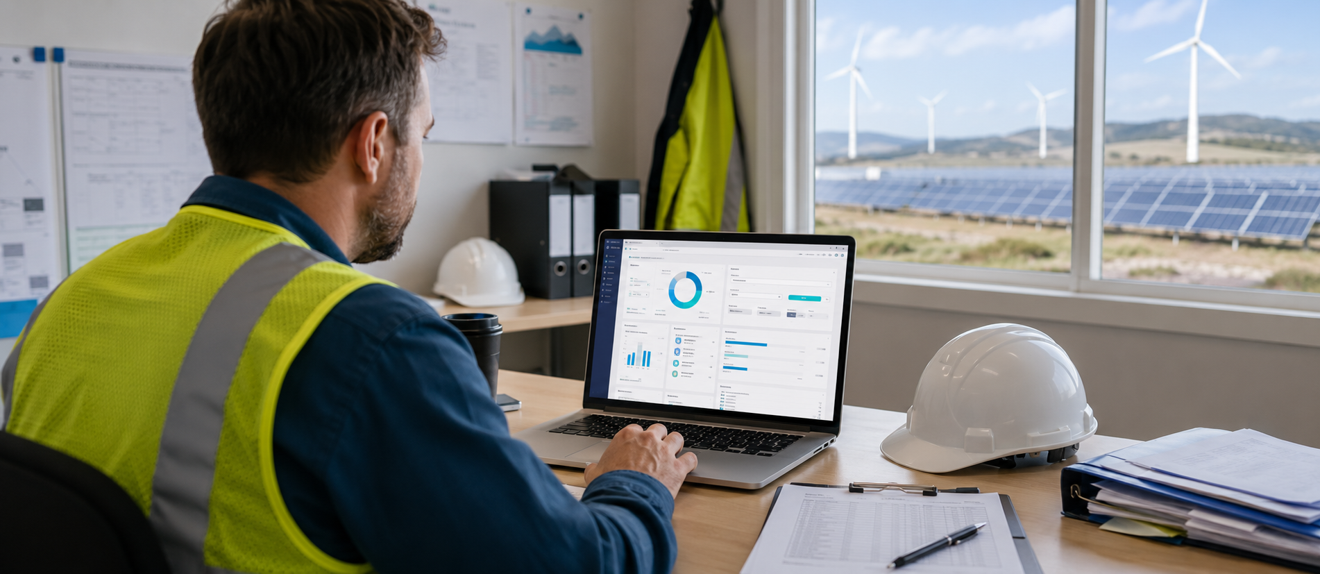 Contractor reviewing a Veriforce Compliance Pro connection request for NovaSource Power Services on a laptop