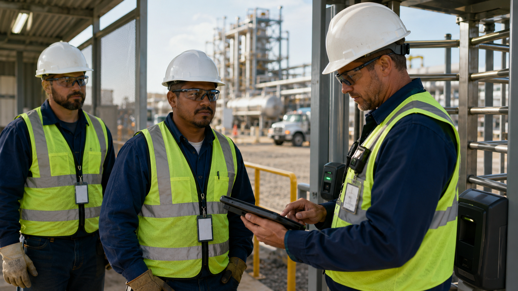 Contractor employees wearing safety badges complete ISNetworld employee training and jobsite compliance check before entering an industrial worksite