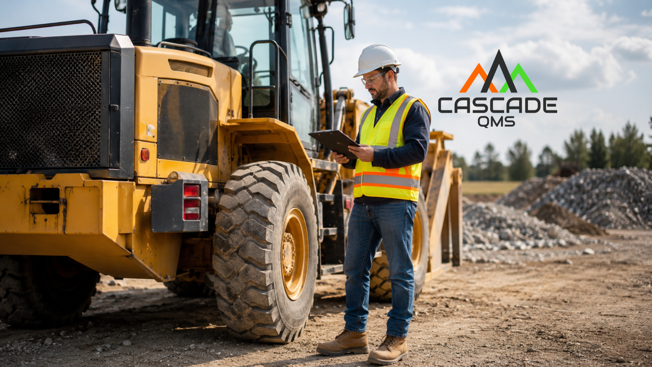 Contractor next to heavy equipment completing checklists