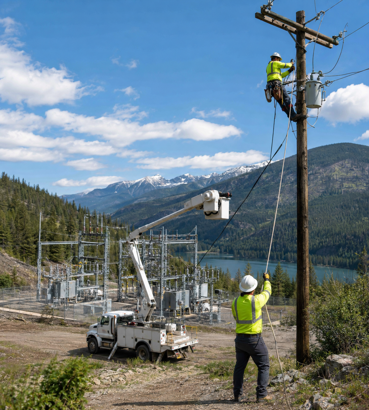 Utility jobsite with contractors on pole and truck